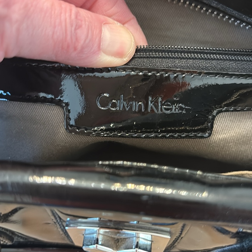 Calvin Klein Black Patent Leather Satchel Hand Bag with Double Top Handles - Picture 10 of 13